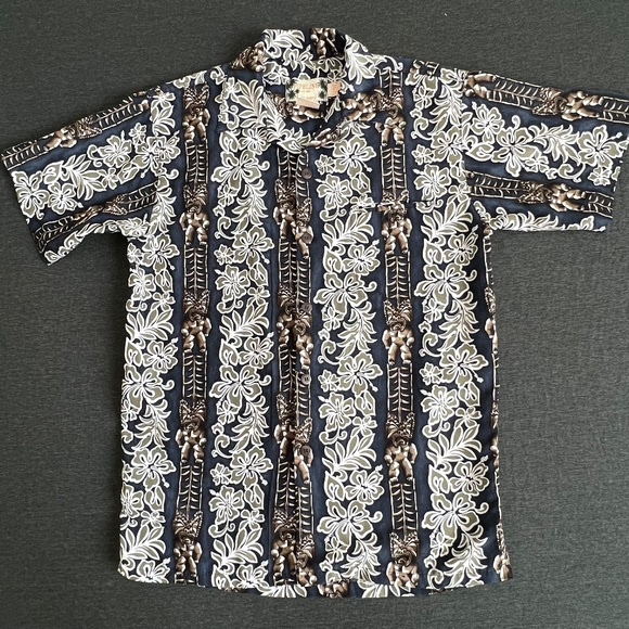 Pipeline Aloha Shirt Navy and Khaki Tiki Floral Button Up Size Small - Picture 1 of 12